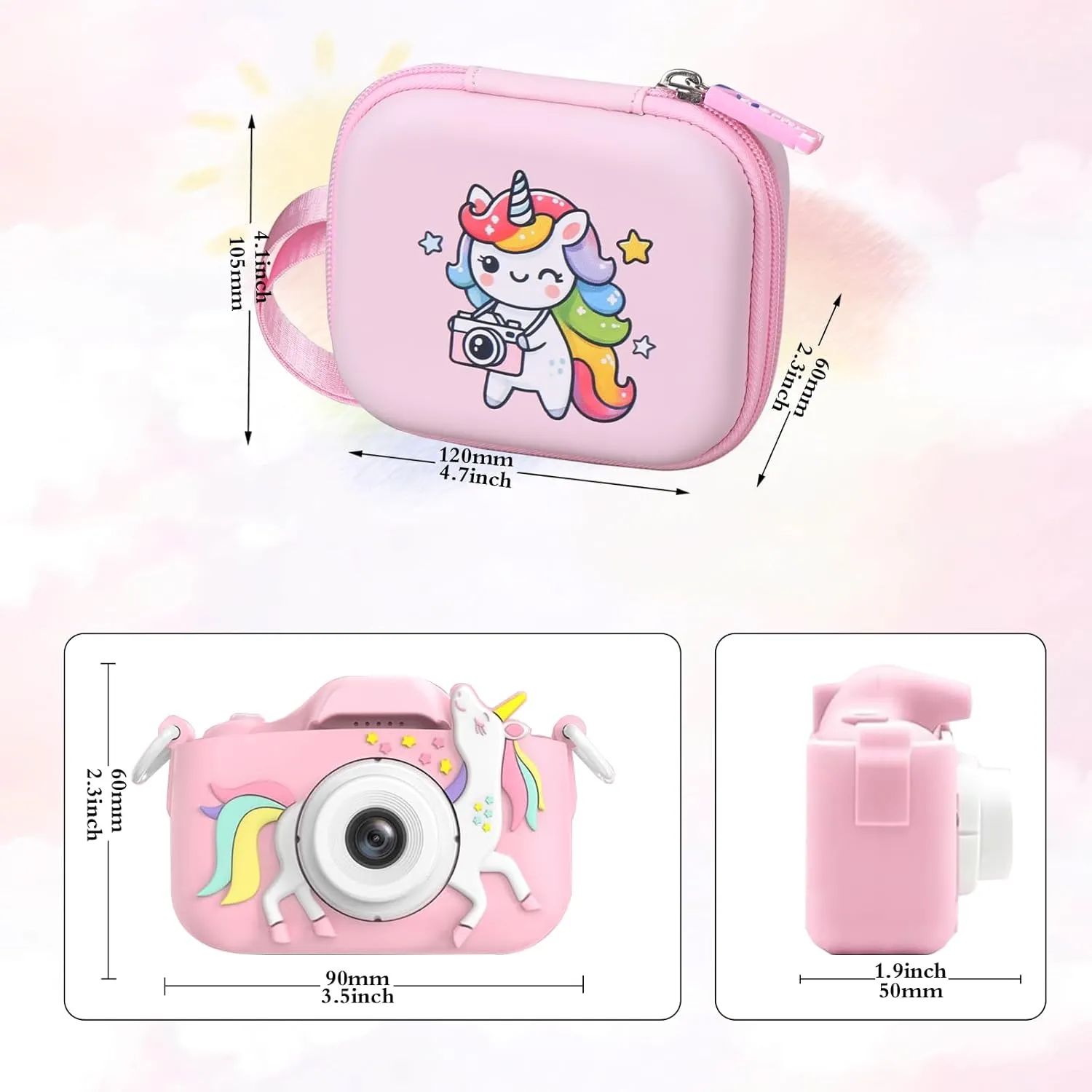 Kids Camera Case Compatible with Goopow/Seckton/Masterbee/CIMELR/Desuccus/OUTUVAS/Dylanto/GKTZ Digital Video Camera Toys Camcorder Storage Holder Carrying-Pink Unicorn(Case Only) (Pink unicorn)