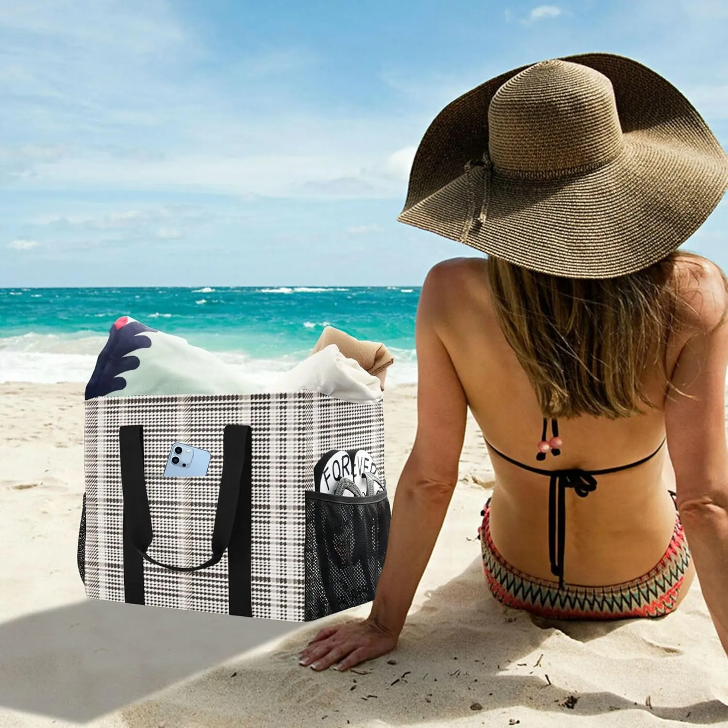 KLL Beach Totes Bags Canvas Collapsable With Pockets Grocery Bags Reusable