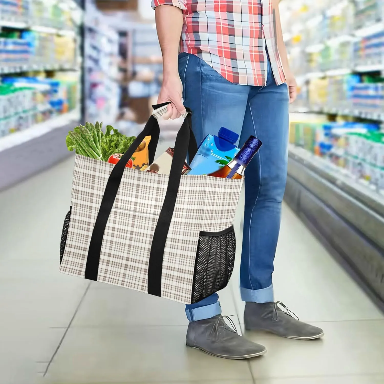 KLL Beach Totes Bags Canvas Collapsable With Pockets Grocery Bags Reusable