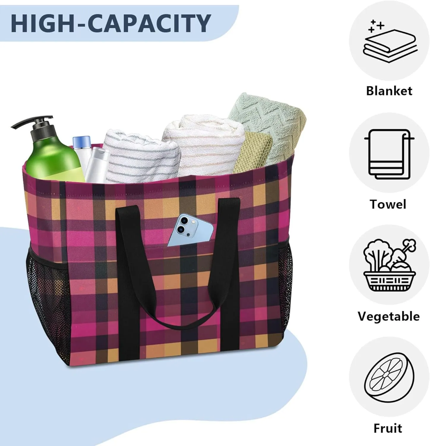 KLL Beach Totes Bags Canvas Collapsable With Pockets Grocery Bags Reusable