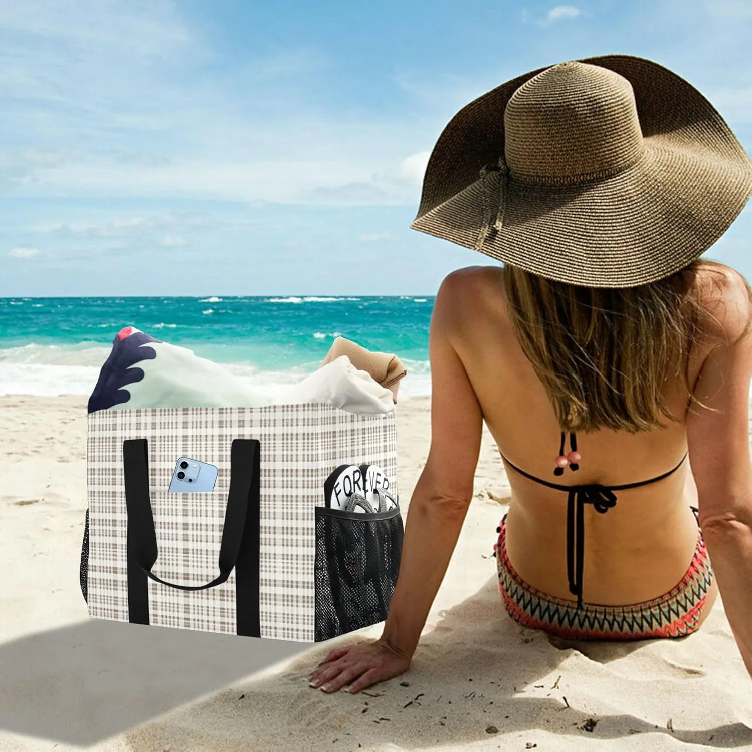 KLL Beach Totes Bags Canvas Collapsable With Pockets Grocery Bags Reusable