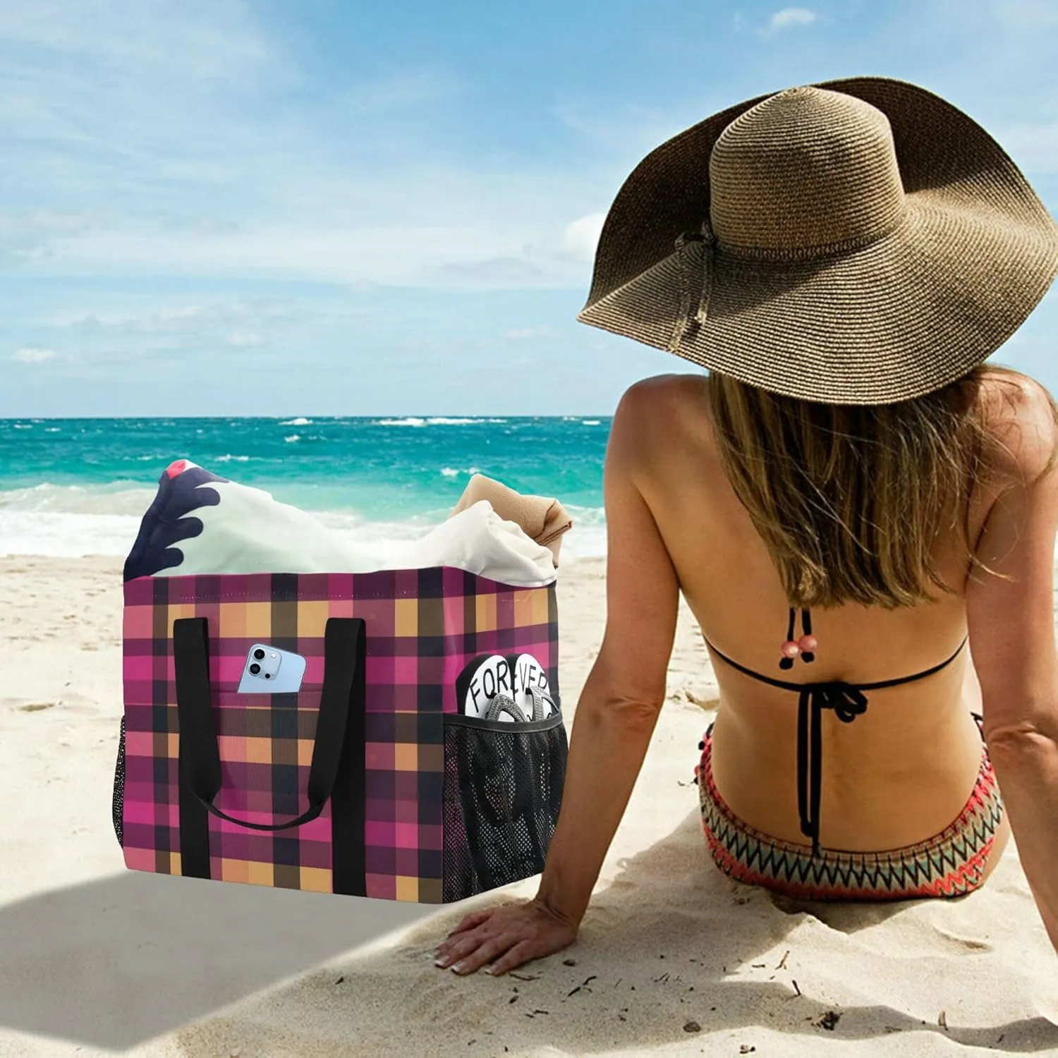KLL Beach Totes Bags Canvas Collapsable With Pockets Grocery Bags Reusable