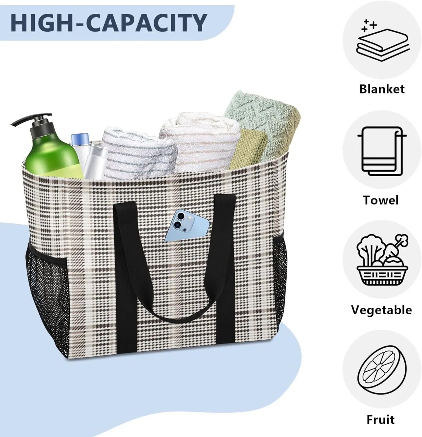 KLL Beach Totes Bags Canvas Collapsable With Pockets Grocery Bags Reusable