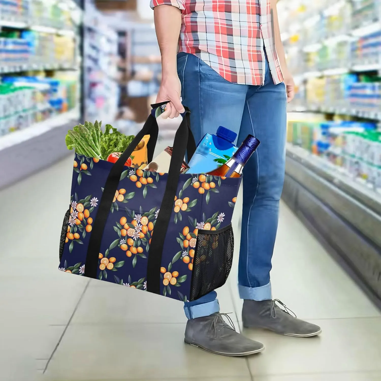 KLL Beach Totes Bags with Handles Collapsable With Pockets Grocery Bags Reusable