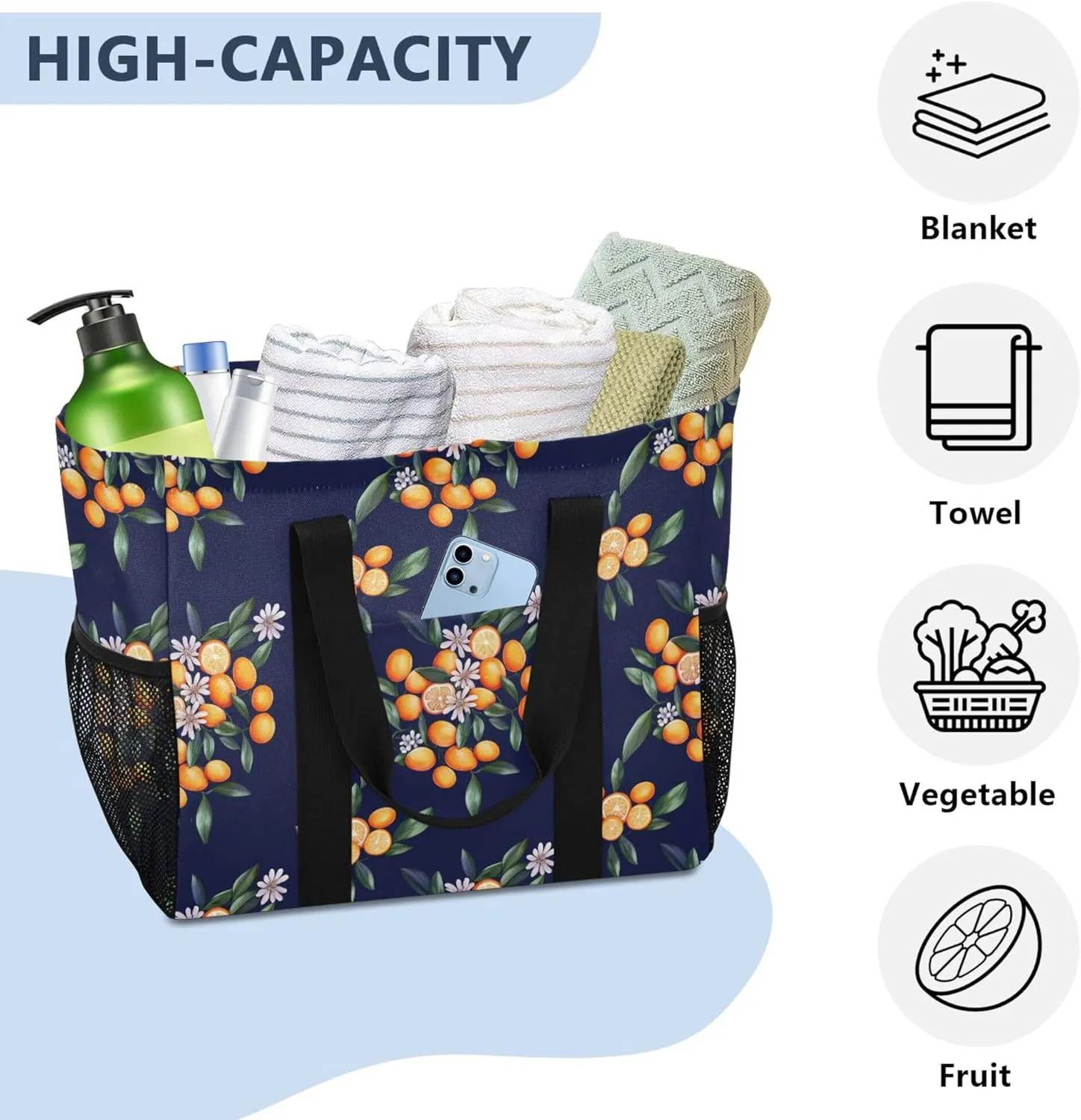 KLL Beach Totes Bags with Handles Collapsable With Pockets Grocery Bags Reusable