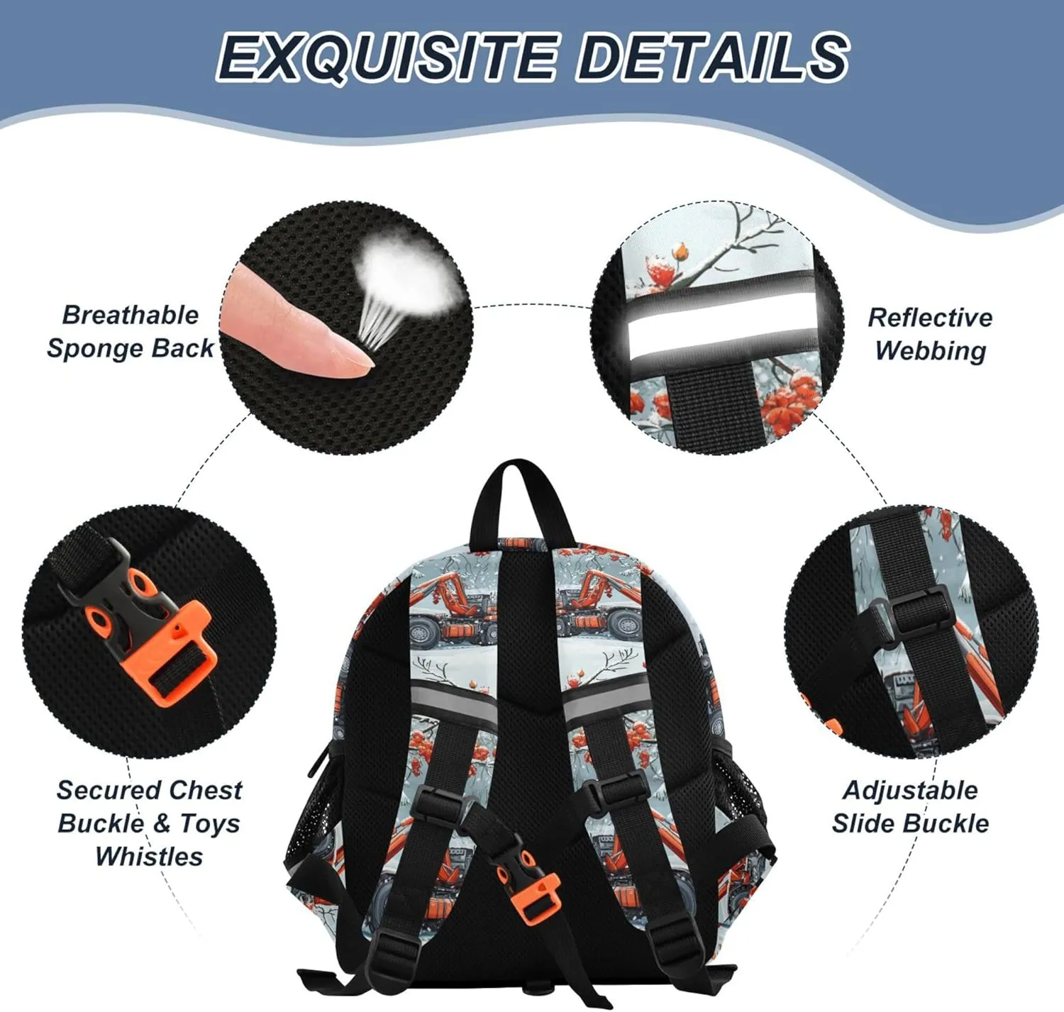 KLL Custom Cute Ears Daycare Backpack Leash Little Girls Anti-Lost Personalized Diaper Bag Backpack with Reflective Strip M Construction Truck Cartoon Crane Icy and Snowy