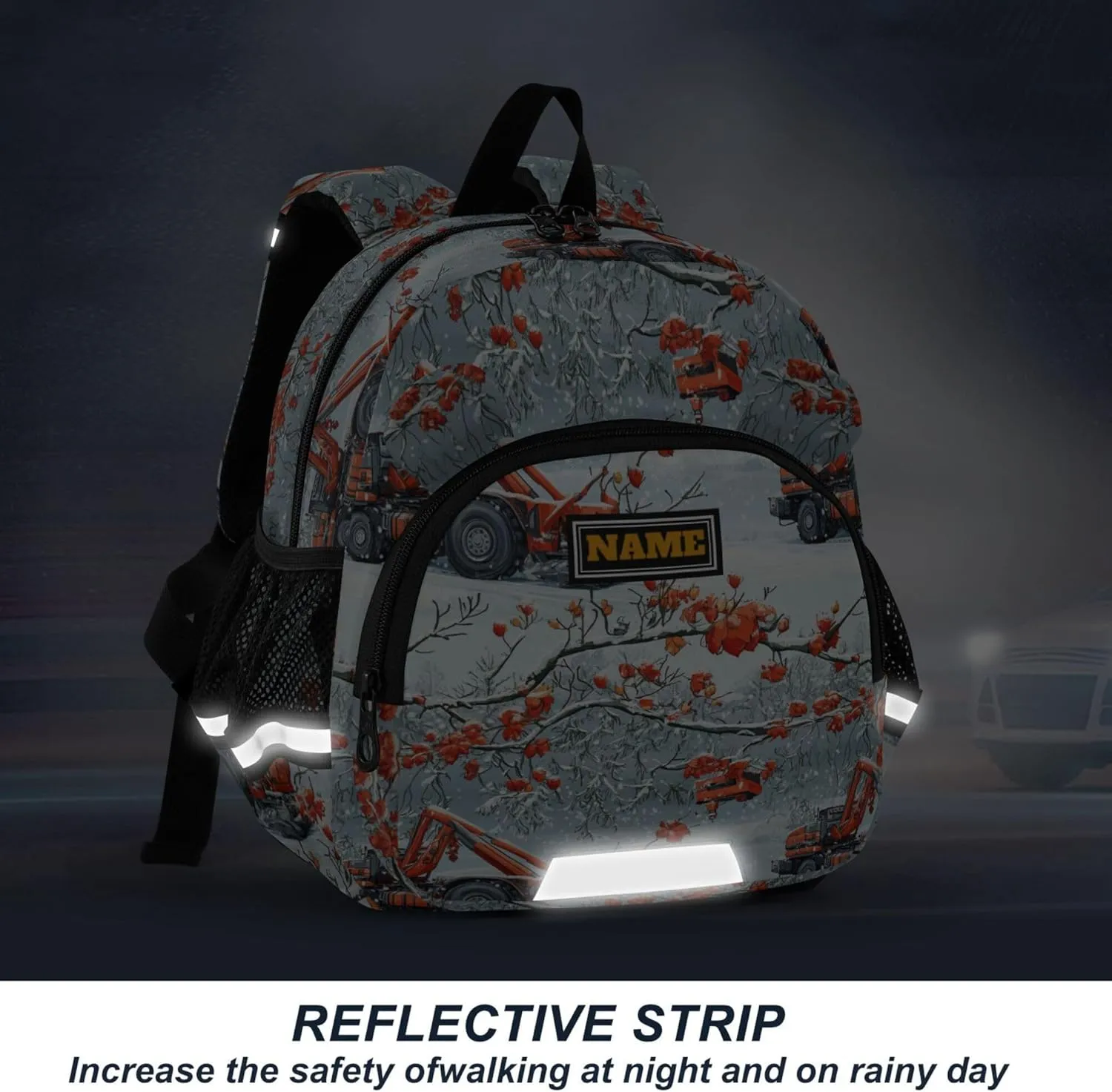KLL Custom Cute Ears Daycare Backpack Leash Little Girls Anti-Lost Personalized Diaper Bag Backpack with Reflective Strip M Construction Truck Cartoon Crane Icy and Snowy