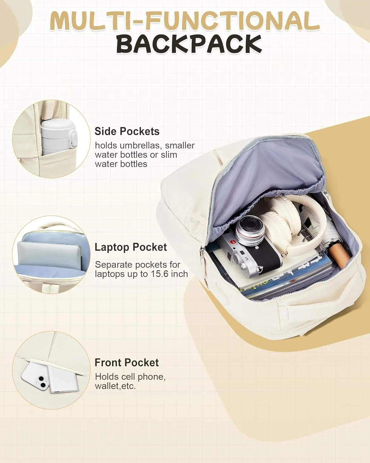 Laptop Backpack for Women Men Gym Work Backpack Casual Daypack Backpacks Small Travel Backpack for Traveling on Airplane Lightweight College Teacher Backpacks for Women Beige