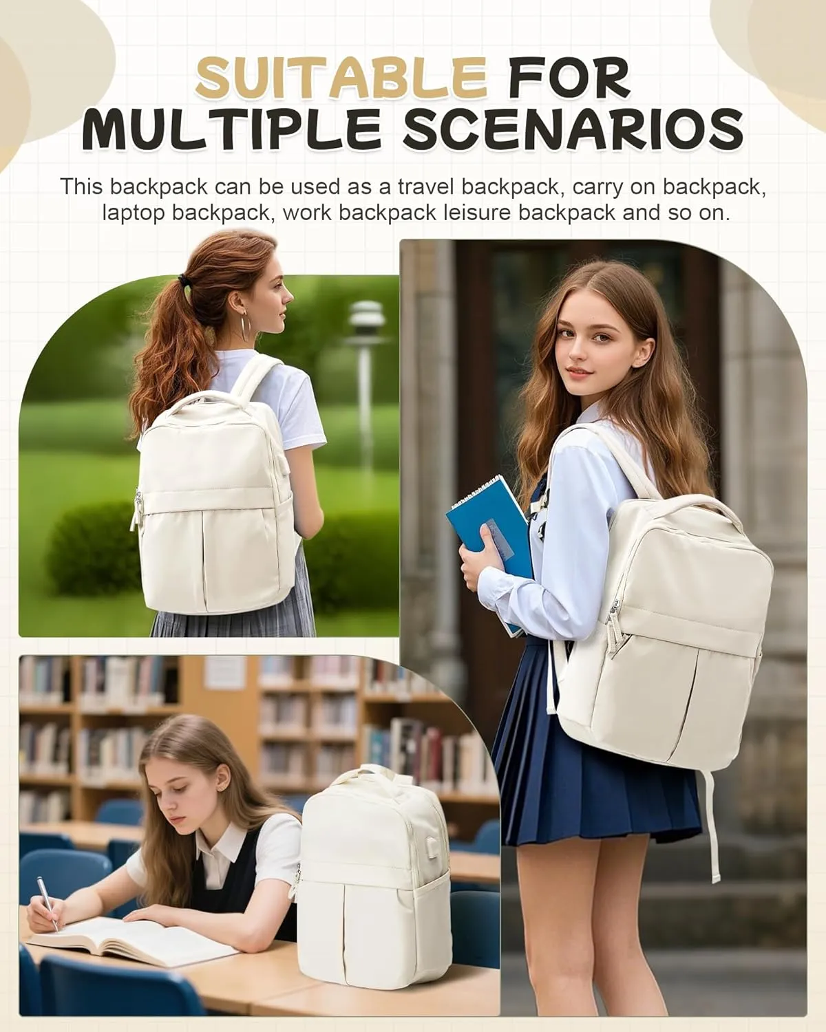 Laptop Backpack for Women Men Gym Work Backpack Casual Daypack Backpacks Small Travel Backpack for Traveling on Airplane Lightweight College Teacher Backpacks for Women Beige