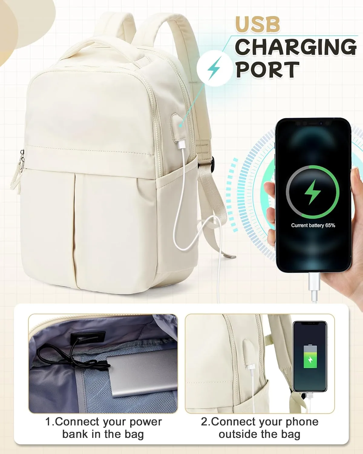 Laptop Backpack for Women Men Gym Work Backpack Casual Daypack Backpacks Small Travel Backpack for Traveling on Airplane Lightweight College Teacher Backpacks for Women Beige