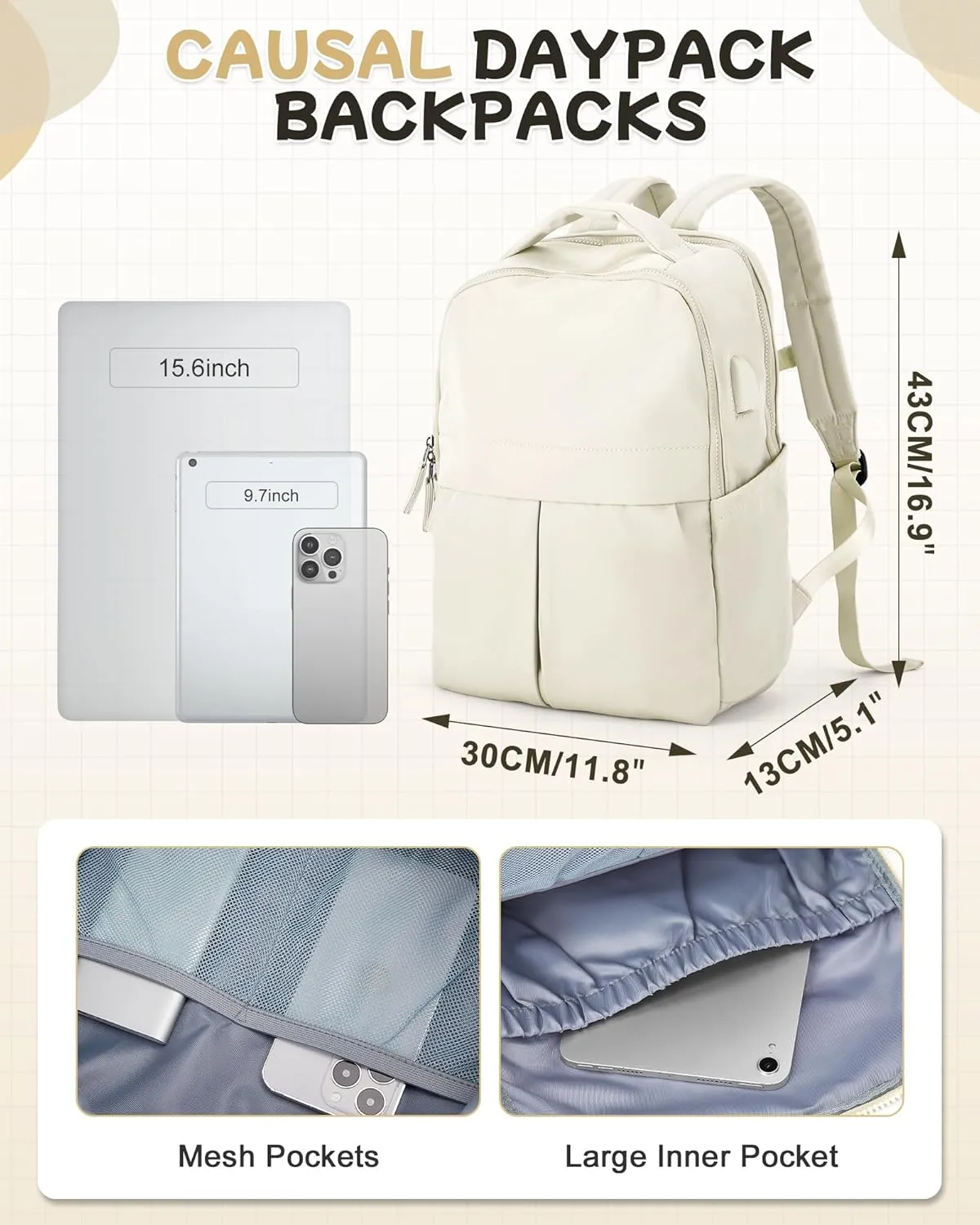 Laptop Backpack for Women Men Gym Work Backpack Casual Daypack Backpacks Small Travel Backpack for Traveling on Airplane Lightweight College Teacher Backpacks for Women Beige