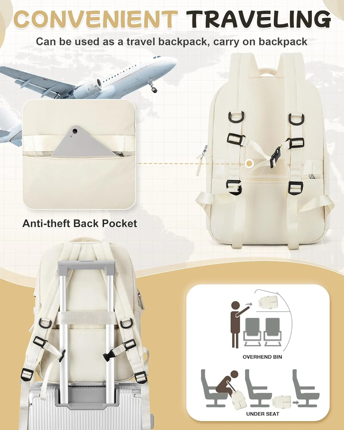 Laptop Backpack for Women Men Gym Work Backpack Casual Daypack Backpacks Small Travel Backpack for Traveling on Airplane Lightweight College Teacher Backpacks for Women Beige