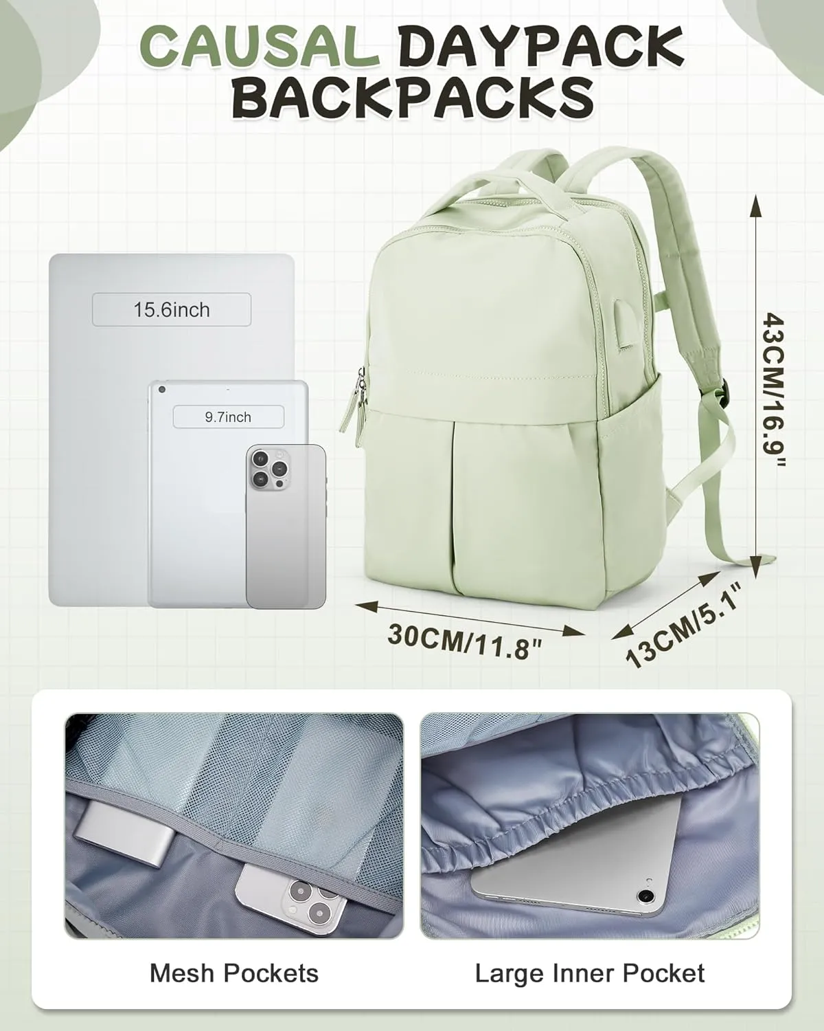 Laptop Backpack for Women Men Gym Work Backpack Casual Daypack Backpacks Small Travel Backpack for Traveling on Airplane Lightweight College Teacher Backpacks for Women Green