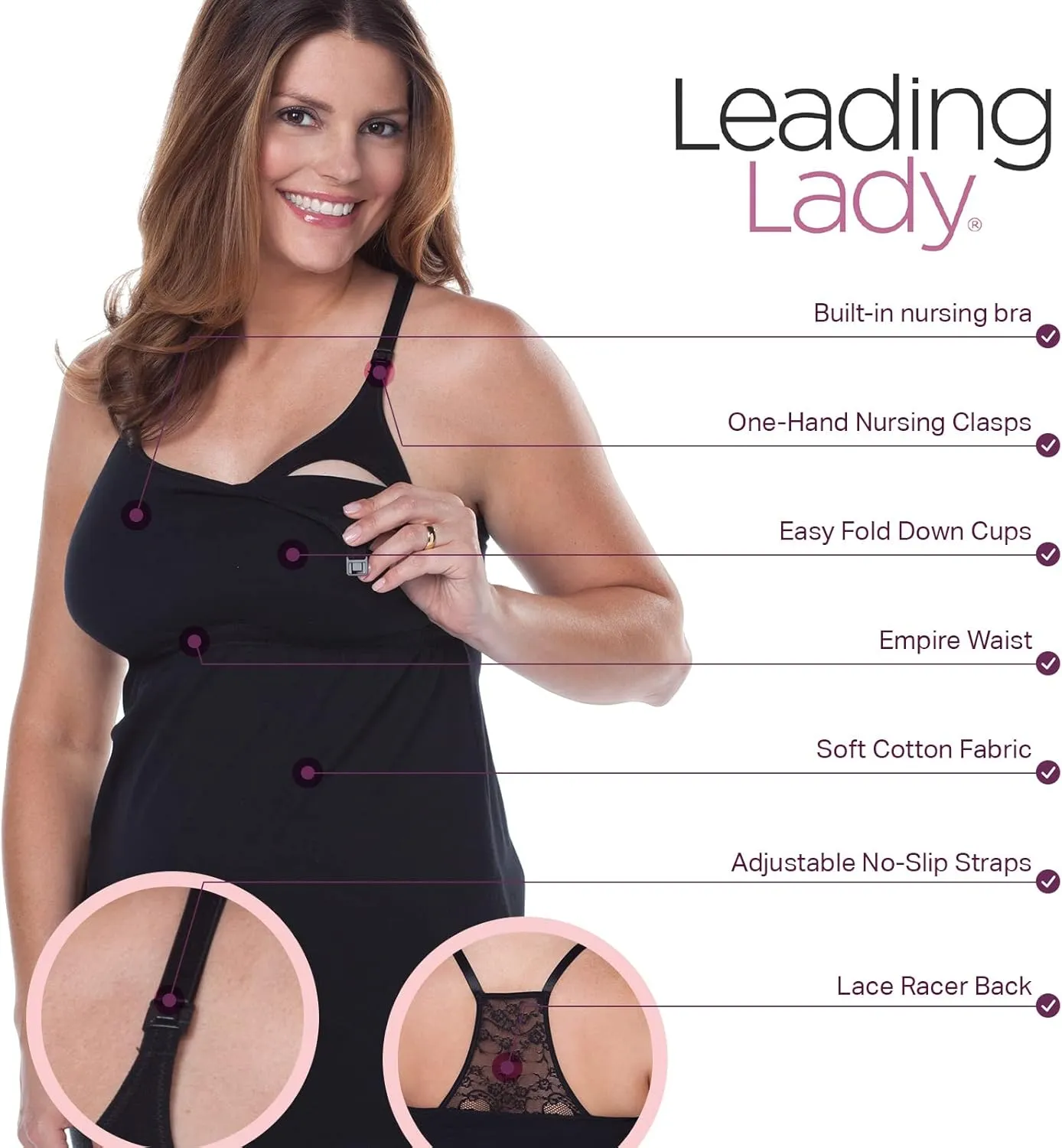 Leading Lady Women's Empire Waist Nursing Cami with Built-In Bra With Lace Back - For Nursing Moms - Maternity Wear For Women
