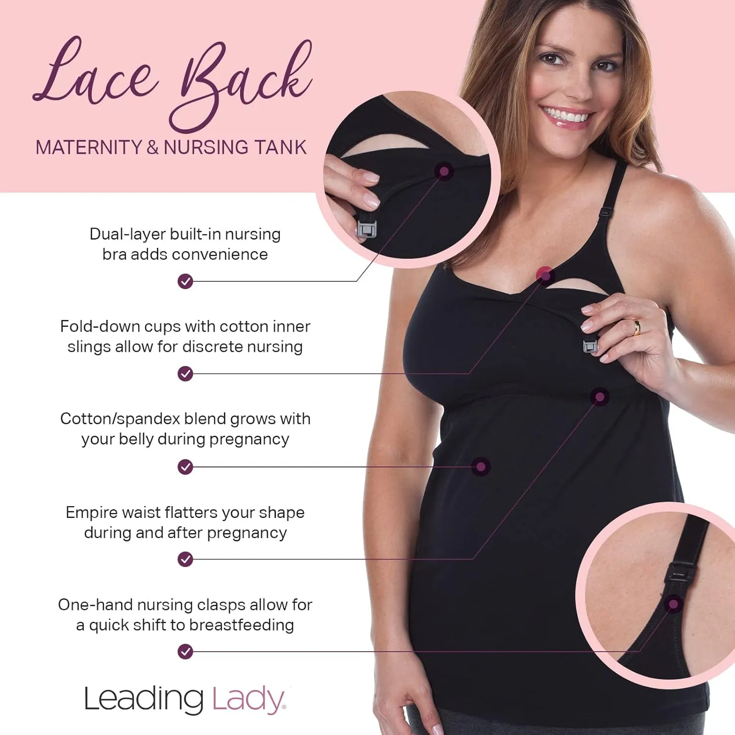 Leading Lady Women's Empire Waist Nursing Cami with Built-In Bra With Lace Back - For Nursing Moms - Maternity Wear For Women