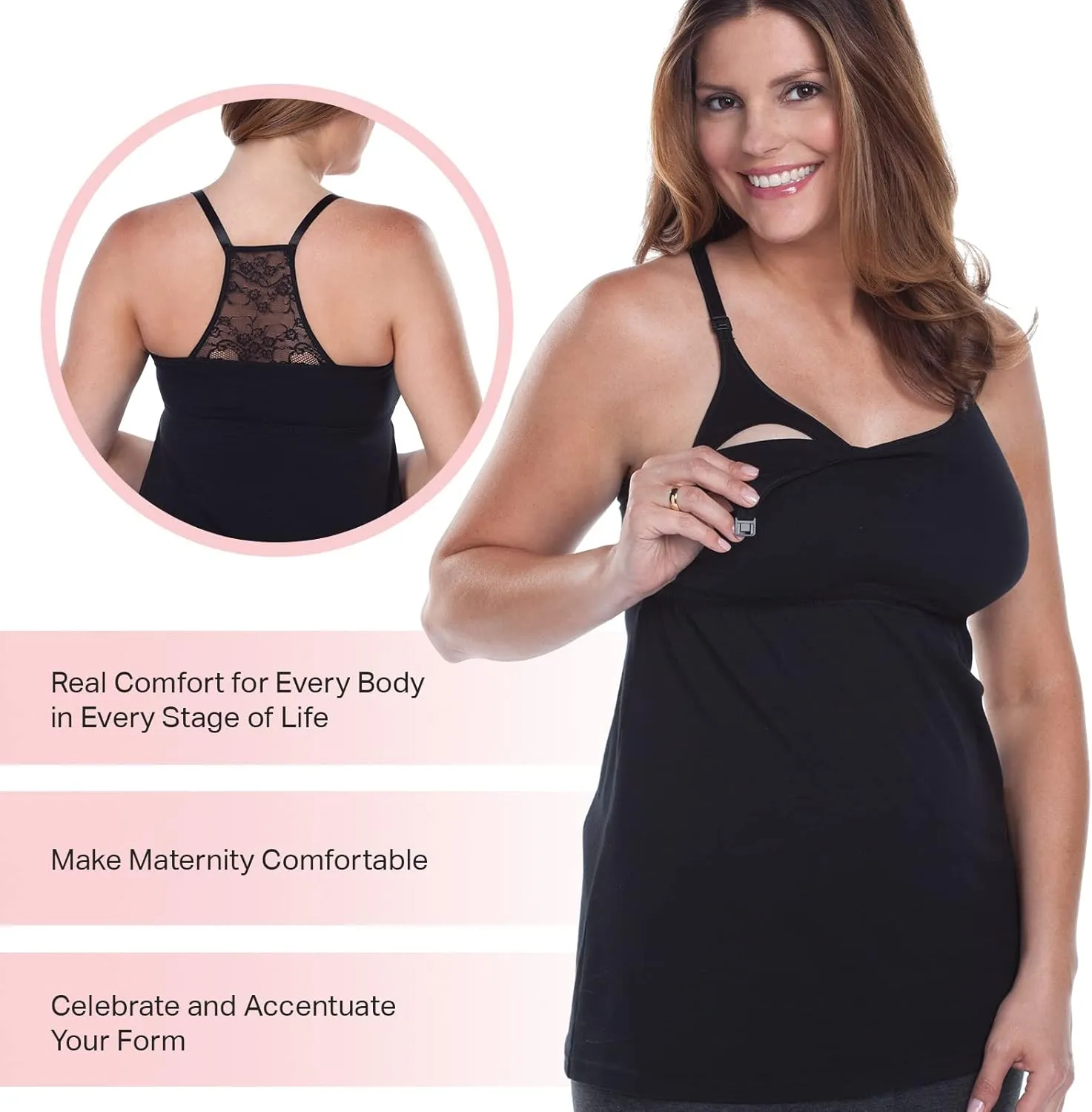 Leading Lady Women's Empire Waist Nursing Cami with Built-In Bra With Lace Back - For Nursing Moms - Maternity Wear For Women