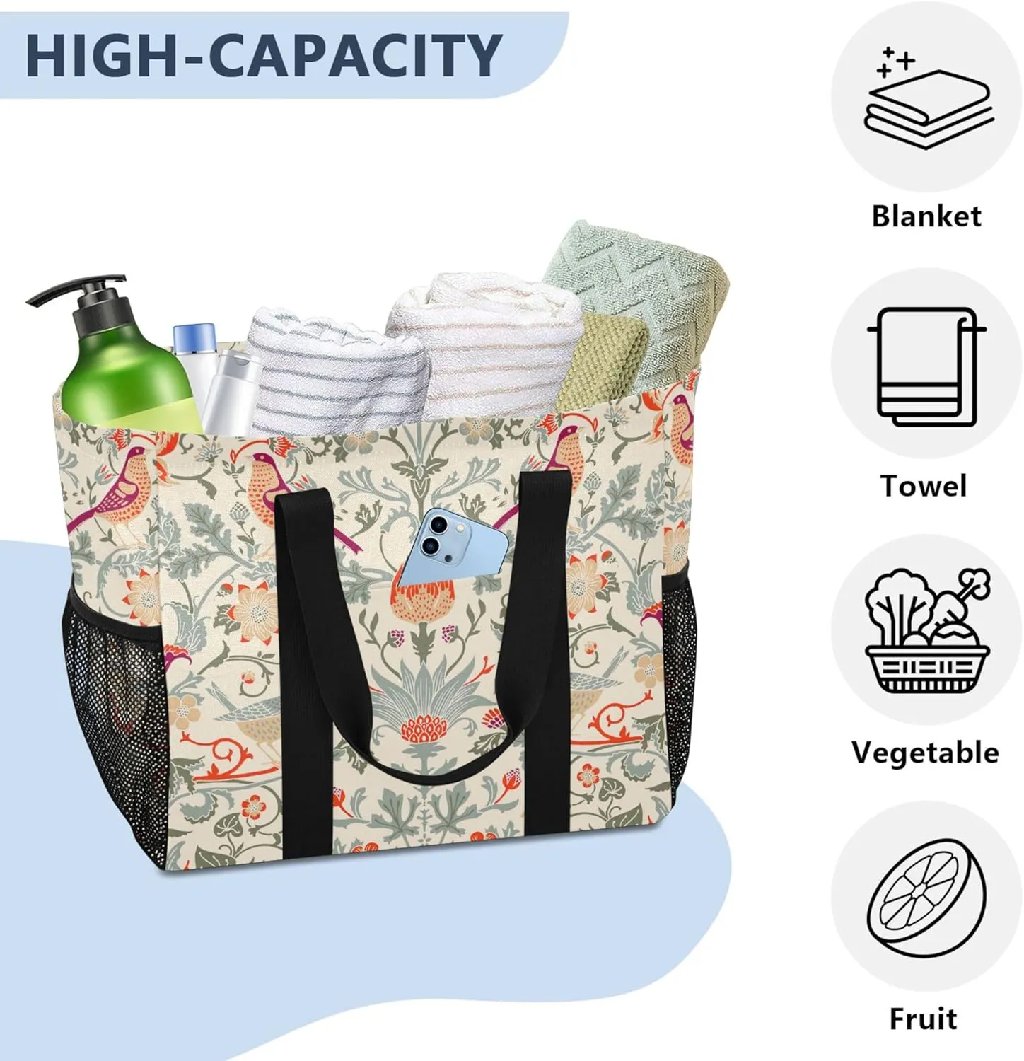 Leopard Animal Printed Reusable Grocery Bags, Foldable Canvas Tote Bag Waterproof Travel Beach Bag for Shopping Work Gym