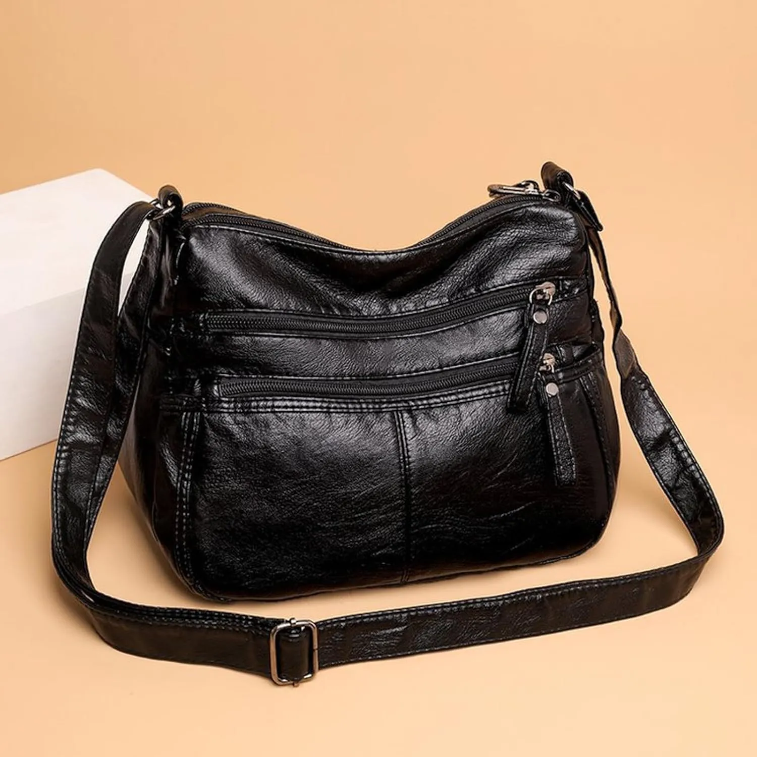Lightweight Pocketbook Fashion Casual Women's Retro Soft Leather Zipper Double Pocket Shoulder Messenger Bag