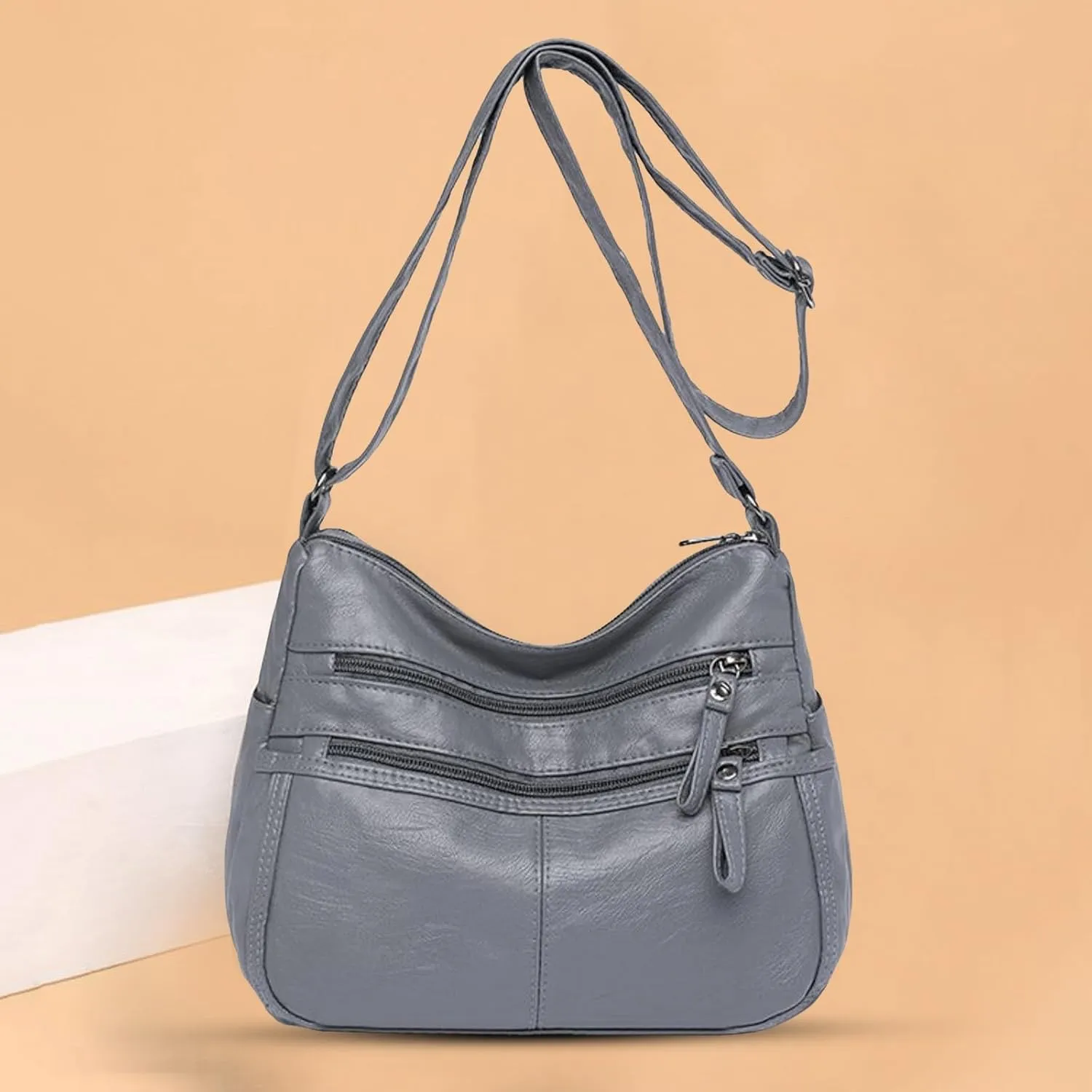 Lightweight Pocketbook Fashion Casual Women's Retro Soft Leather Zipper Double Pocket Shoulder Messenger Bag