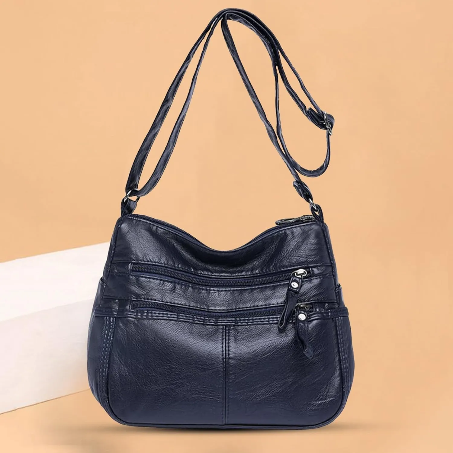 Lightweight Pocketbook Fashion Casual Women's Retro Soft Leather Zipper Double Pocket Shoulder Messenger Bag