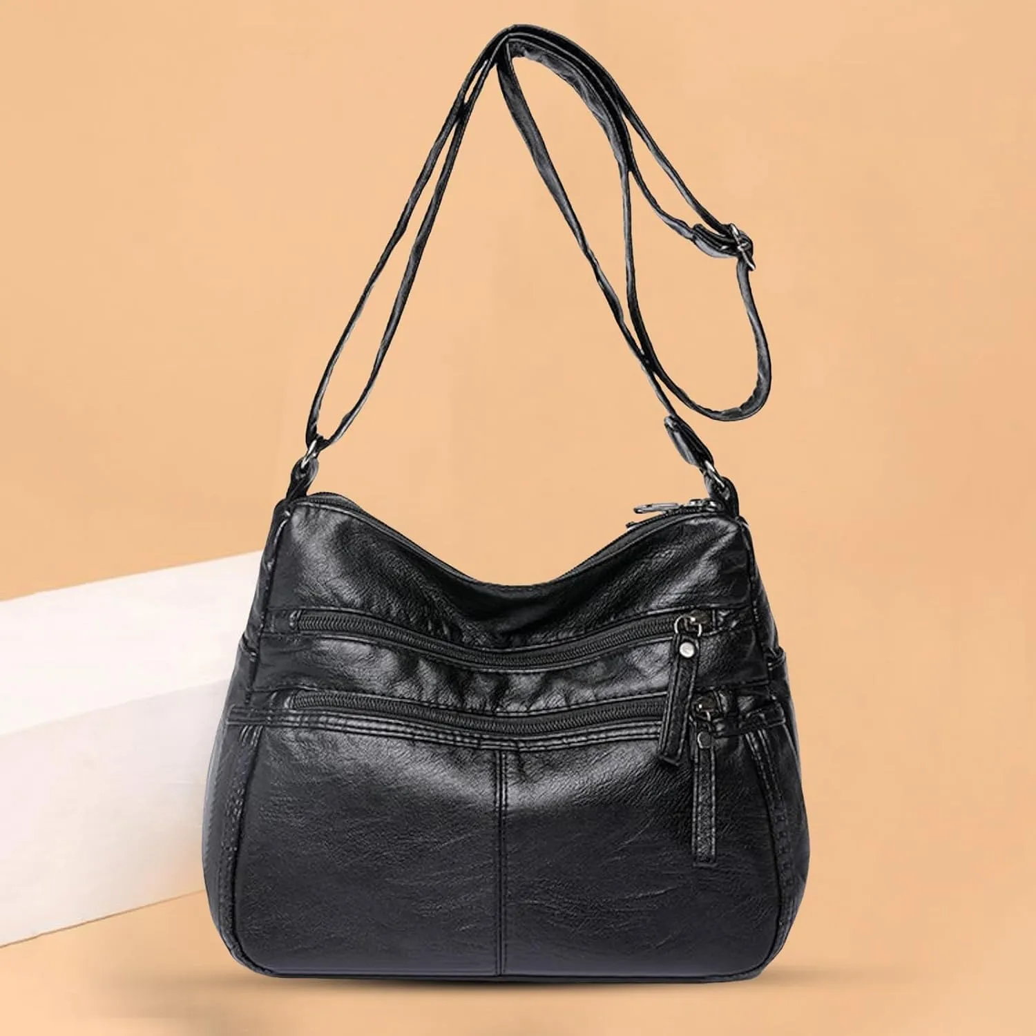Lightweight Pocketbook Fashion Casual Women's Retro Soft Leather Zipper Double Pocket Shoulder Messenger Bag