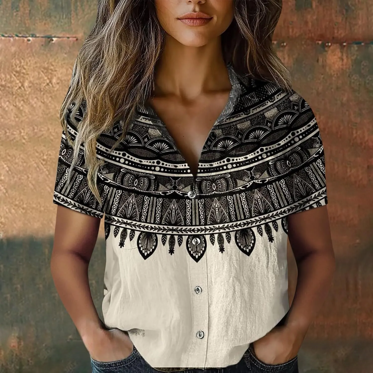 Linen Boho Tops for Women Boho Tops for Women Hippie Summer Short Sleeve Button Up Blouses Short Sleeve Shirts