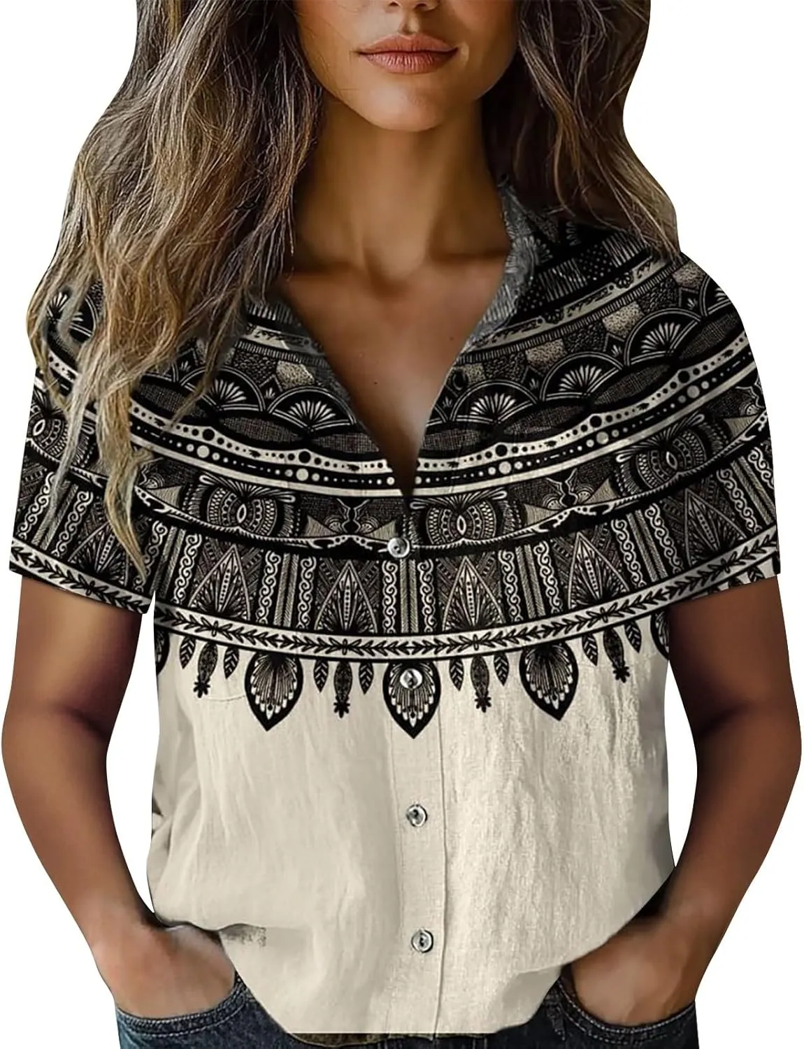 Linen Boho Tops for Women Boho Tops for Women Hippie Summer Short Sleeve Button Up Blouses Short Sleeve Shirts