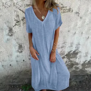 Linen Short Sleeve Loose V-neck High Waist Vintage Solid Color Straight Beach Casual Cotton Dress