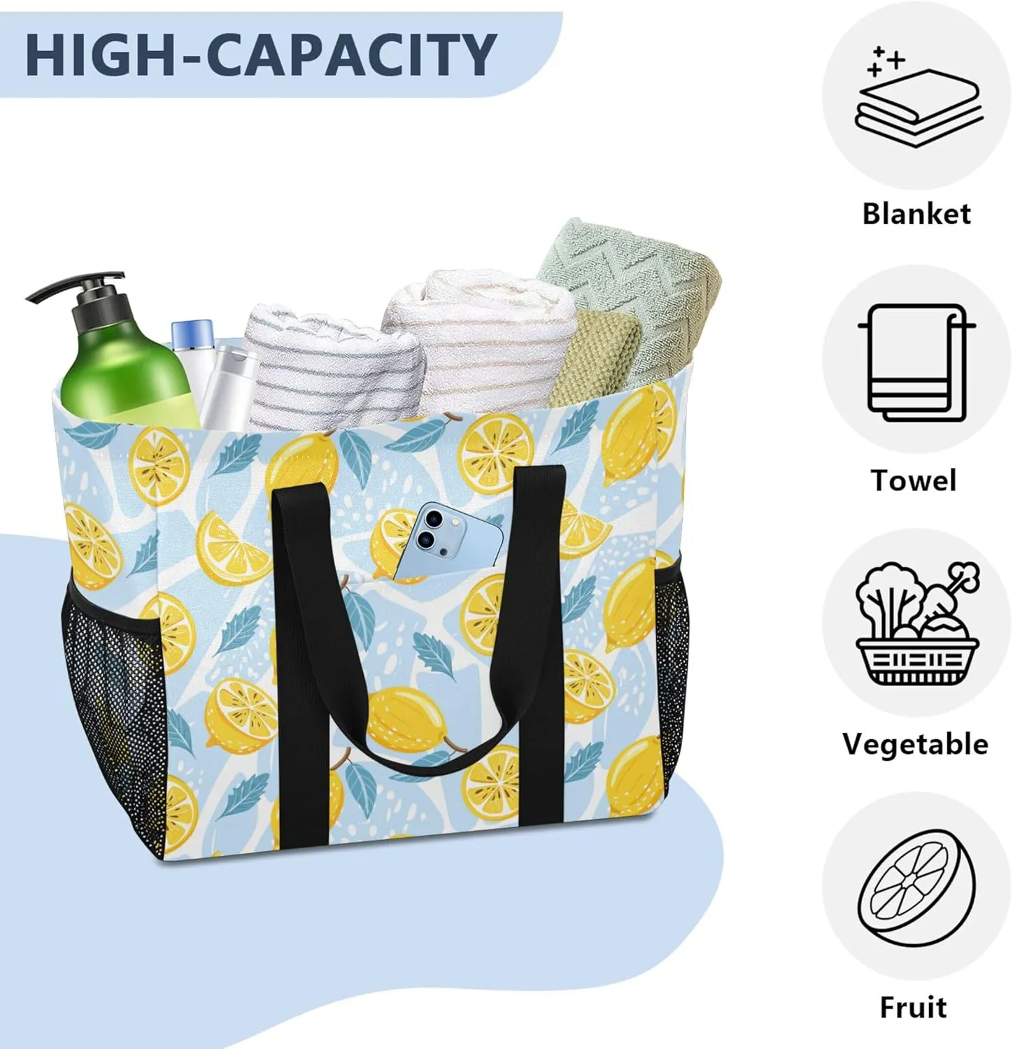 linqin Cartoon Fish Pattern Reusable Grocery Bags, Foldable Canvas Tote Bag Waterproof Travel Beach Bag for Shopping Work Gym