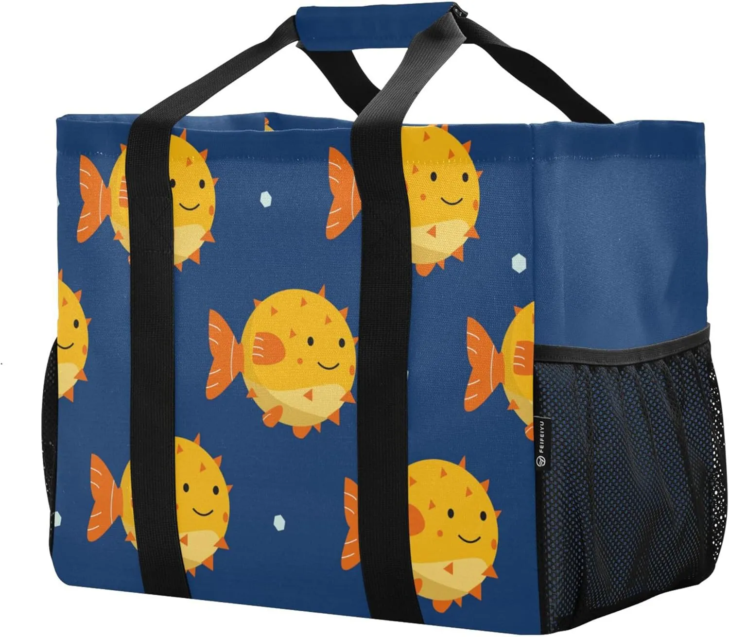 linqin Cartoon Fish Pattern Reusable Grocery Bags, Foldable Canvas Tote Bag Waterproof Travel Beach Bag for Shopping Work Gym