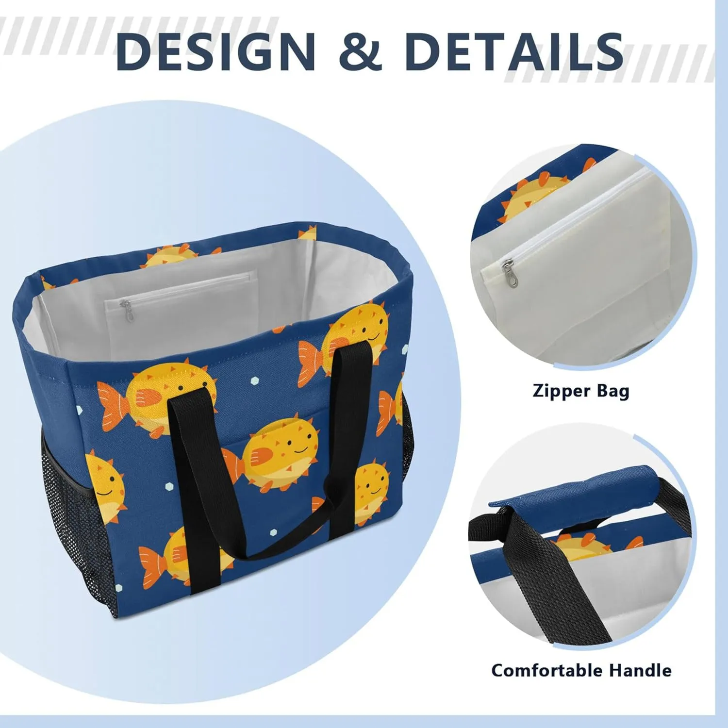 linqin Cartoon Fish Pattern Reusable Grocery Bags, Foldable Canvas Tote Bag Waterproof Travel Beach Bag for Shopping Work Gym