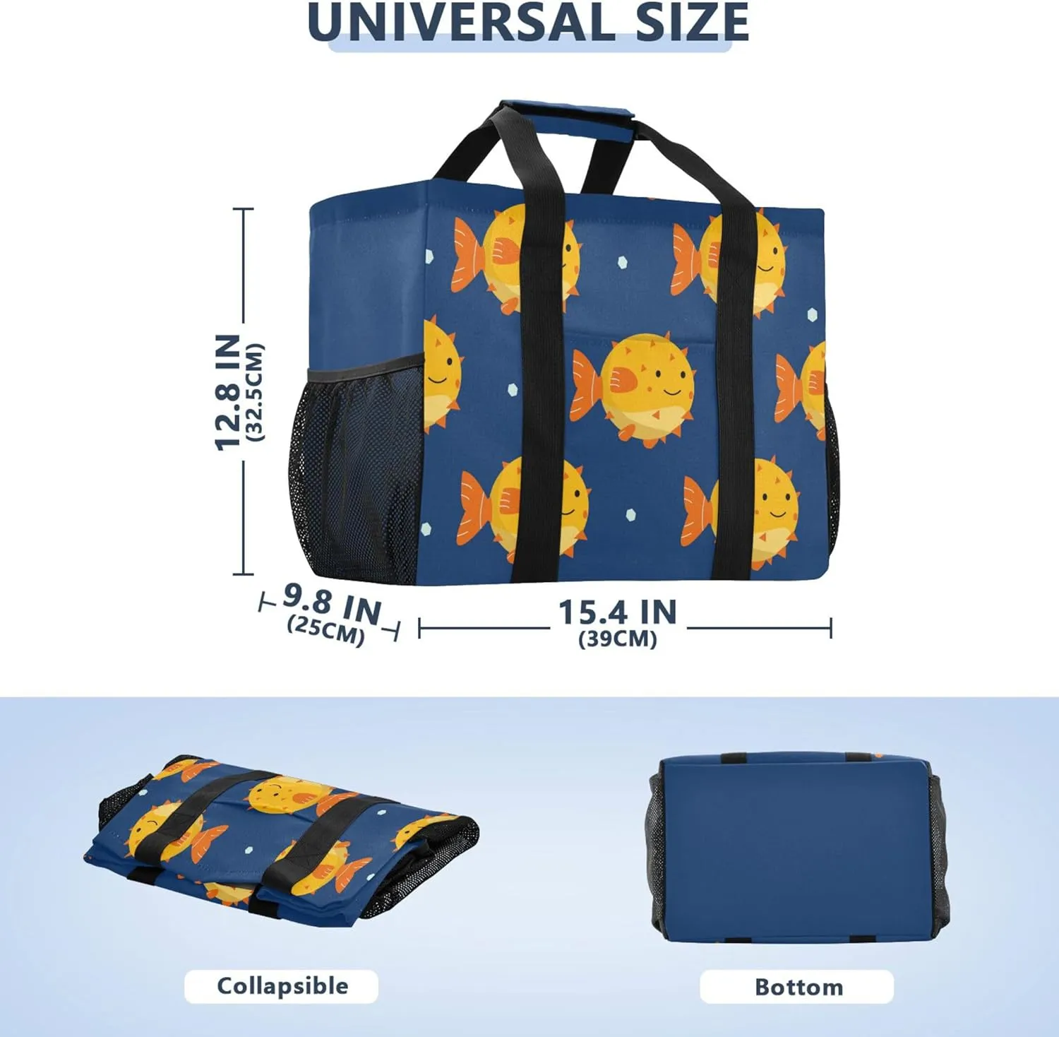linqin Cartoon Fish Pattern Reusable Grocery Bags, Foldable Canvas Tote Bag Waterproof Travel Beach Bag for Shopping Work Gym