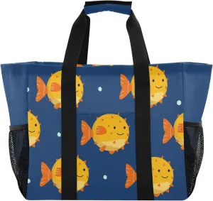 linqin Cartoon Fish Pattern Reusable Grocery Bags, Foldable Canvas Tote Bag Waterproof Travel Beach Bag for Shopping Work Gym
