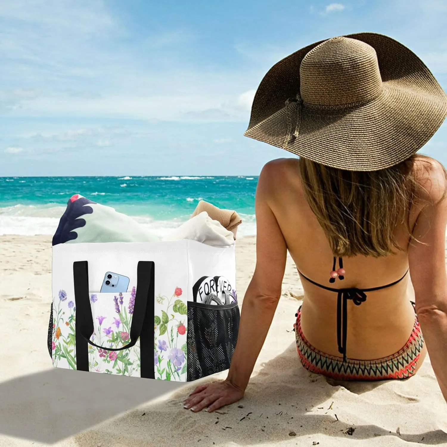 linqin Cat Flower Pattern Reusable Grocery Bags, Foldable Canvas Tote Bag Waterproof Travel Beach Bag for Shopping Work Gym