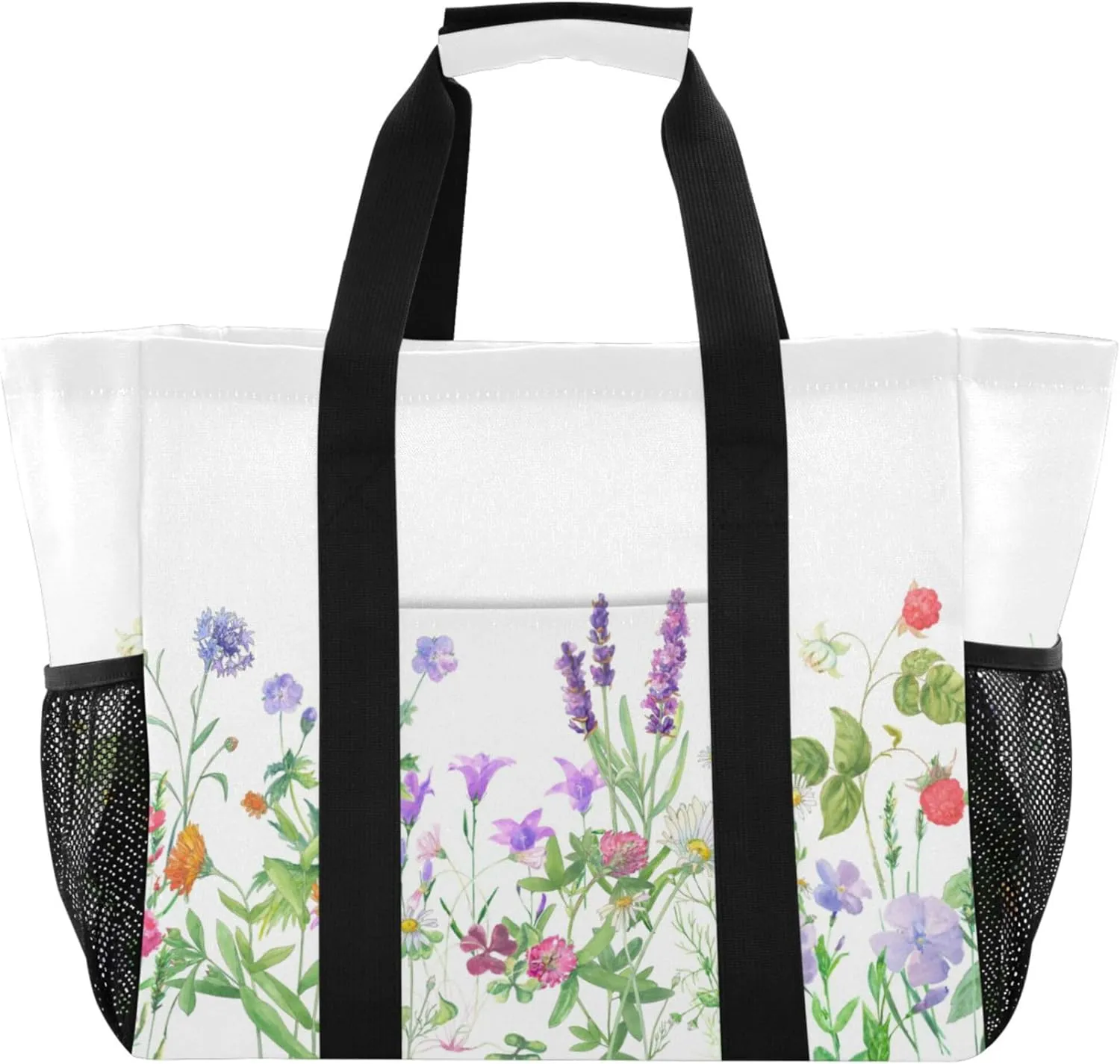 linqin Cat Flower Pattern Reusable Grocery Bags, Foldable Canvas Tote Bag Waterproof Travel Beach Bag for Shopping Work Gym