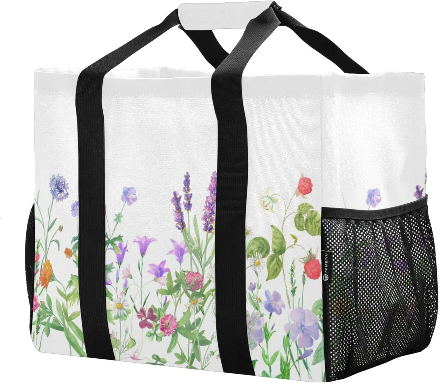 linqin Cat Flower Pattern Reusable Grocery Bags, Foldable Canvas Tote Bag Waterproof Travel Beach Bag for Shopping Work Gym