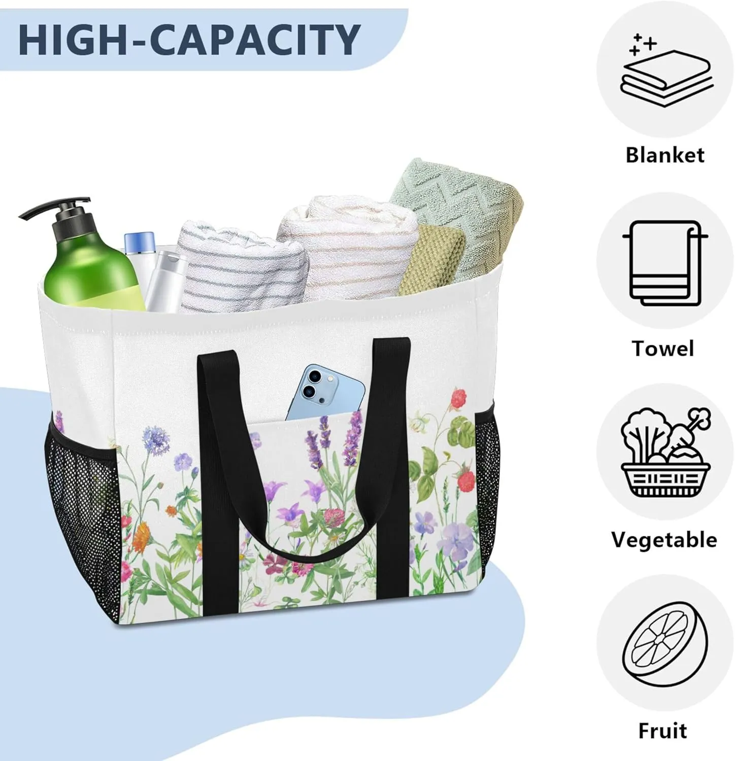 linqin Cat Flower Pattern Reusable Grocery Bags, Foldable Canvas Tote Bag Waterproof Travel Beach Bag for Shopping Work Gym