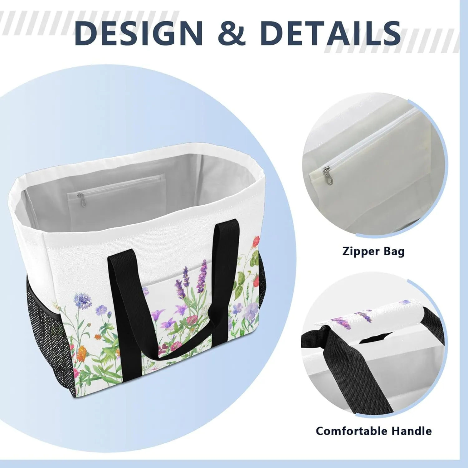 linqin Cat Flower Pattern Reusable Grocery Bags, Foldable Canvas Tote Bag Waterproof Travel Beach Bag for Shopping Work Gym