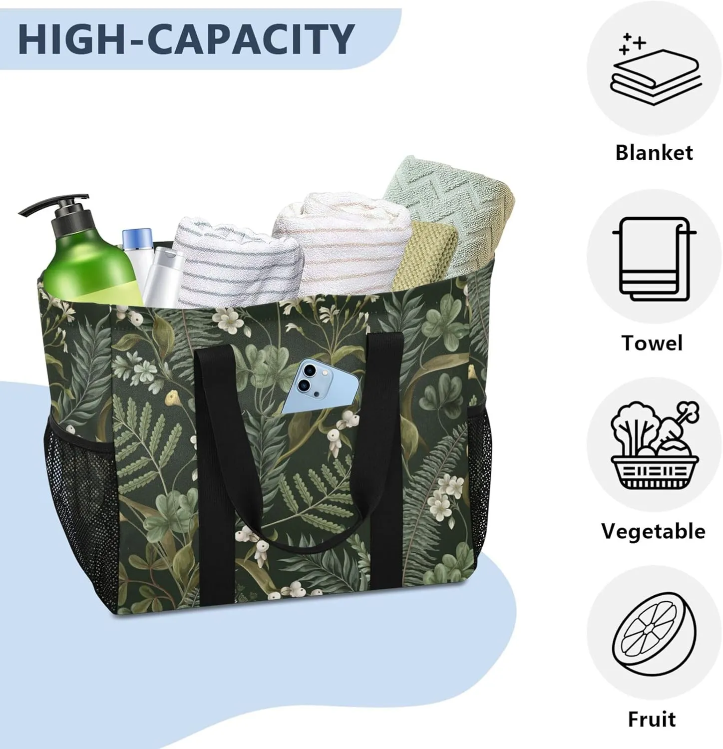 linqin Daisy Floral Reusable Grocery Bags, Foldable Canvas Tote Bag Waterproof Travel Beach Bag for Shopping Work Gym