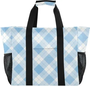 linqin Light Sky Blue Checks Utility Bag with Handles Foldable Resuable Grocery Bags Sandproof for Carrier