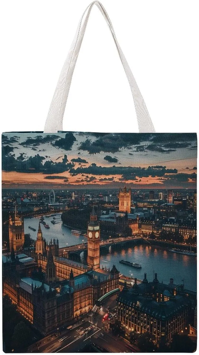 London Bridge Big Ben Canvas Tote Bag Casual Handbags Grocery Shopping Purses Work Bag for Women