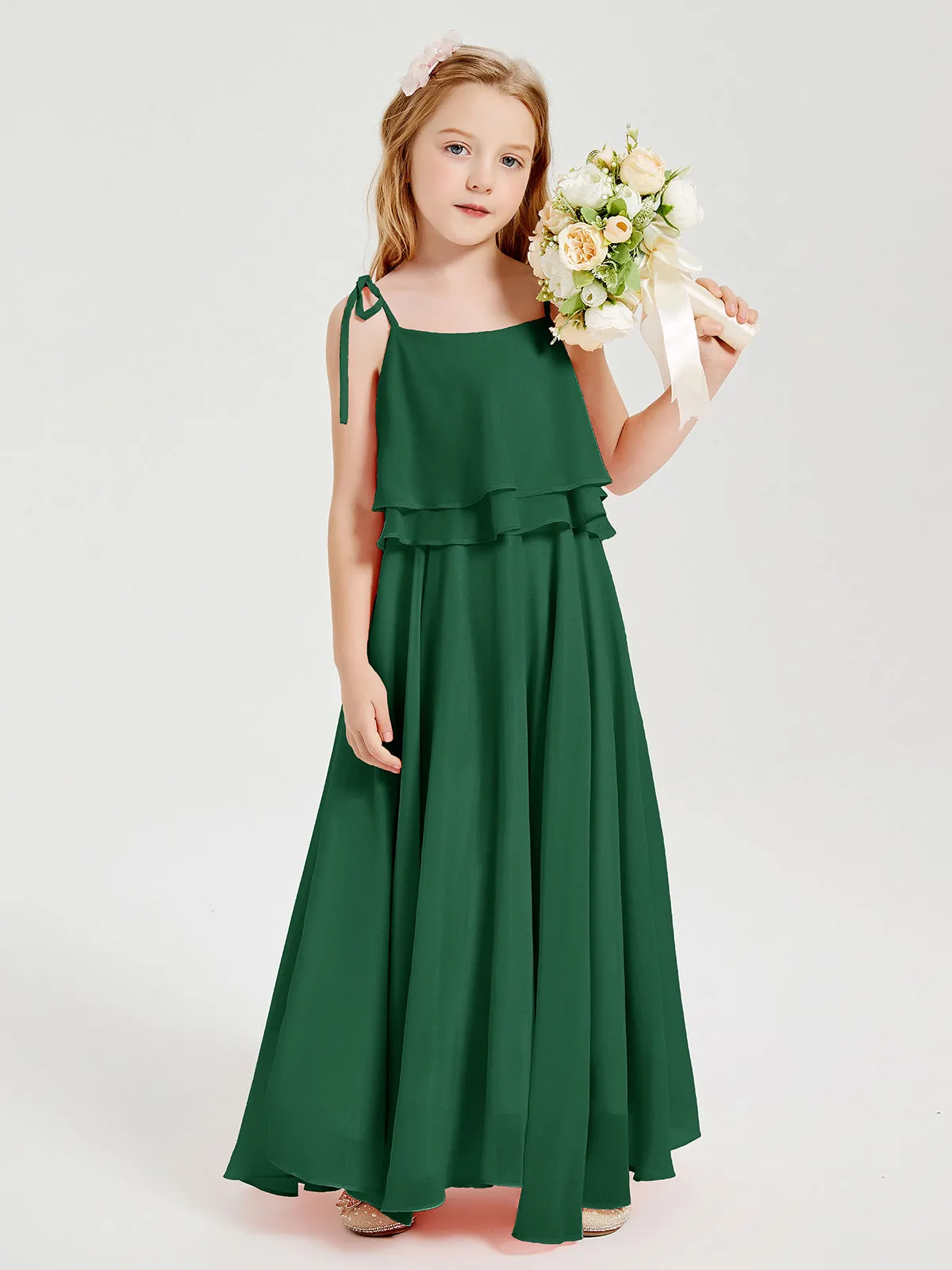 Long Chiffon Junior Bridesmaid Dresses Bowknot Spaghetti Straps Dark Green