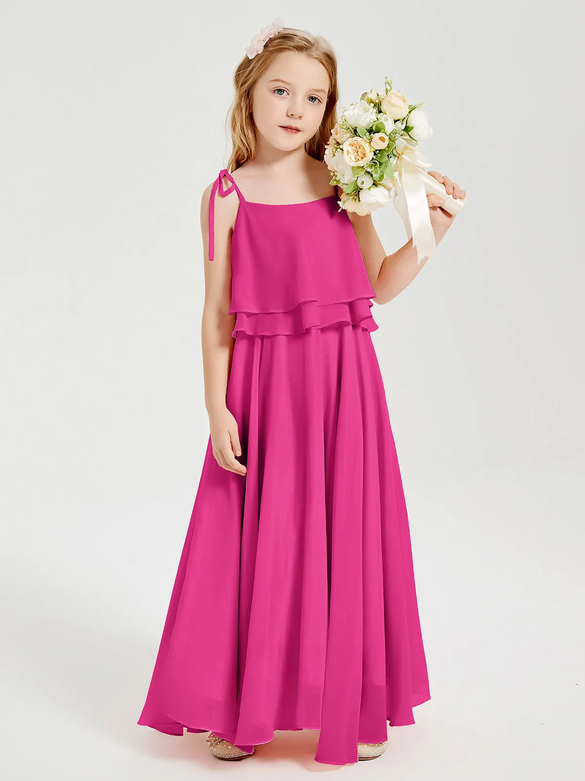 Long Chiffon Junior Bridesmaid Dresses Bowknot Spaghetti Straps Fuchsia