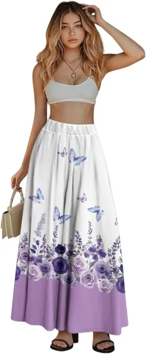 Long Maxi Skirt for Women Long Length High-Waist Midi Skirts with Pockets A-line Pleated Flare Skort Summer Clothes
