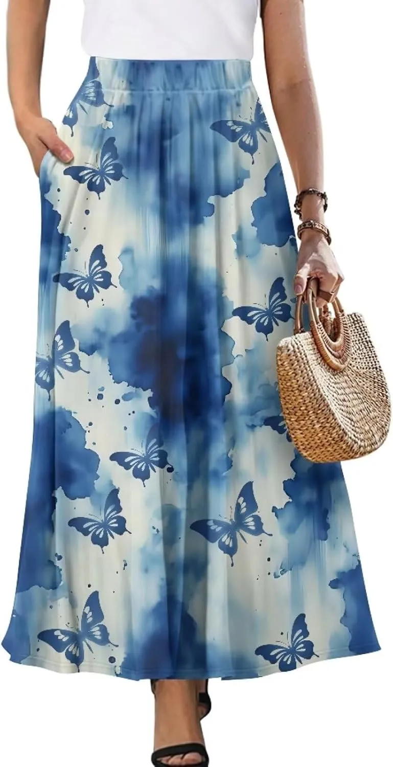 Long Maxi Skirt for Women Long Length High-Waist Midi Skirts with Pockets A-line Pleated Flare Skort Summer Clothes