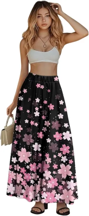 Long Maxi Skirt for Women Long Length High-Waist Midi Skirts with Pockets A-line Pleated Flare Skort Summer Clothes