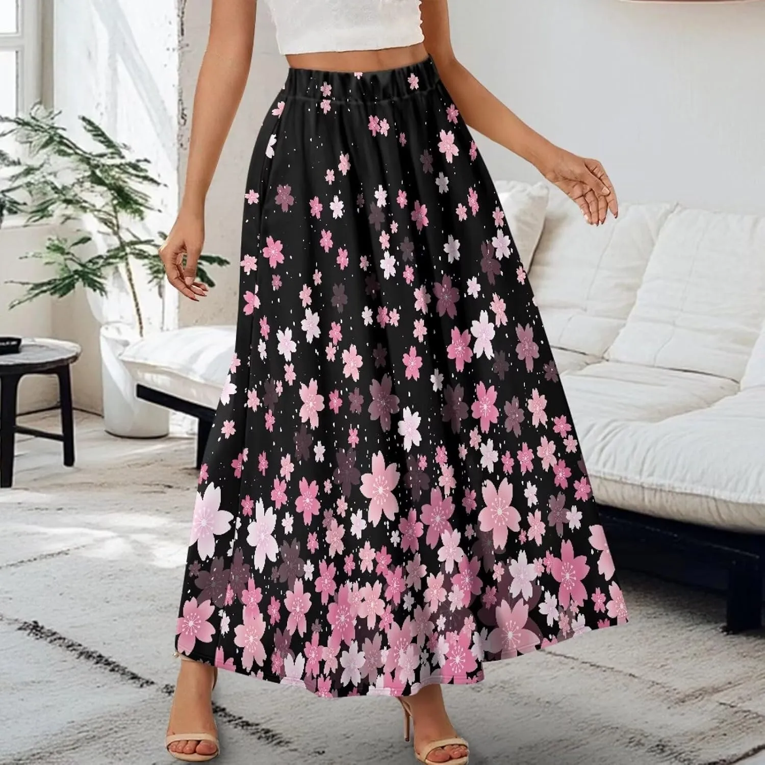 Long Maxi Skirt for Women Long Length High-Waist Midi Skirts with Pockets A-line Pleated Flare Skort Summer Clothes