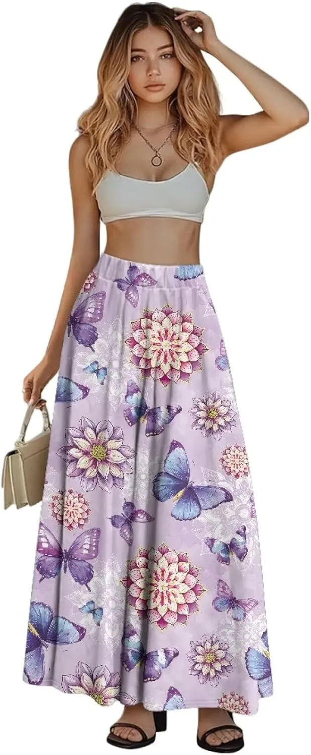 Long Maxi Skirt for Women Long Length High-Waist Midi Skirts with Pockets A-line Pleated Flare Skort Summer Clothes