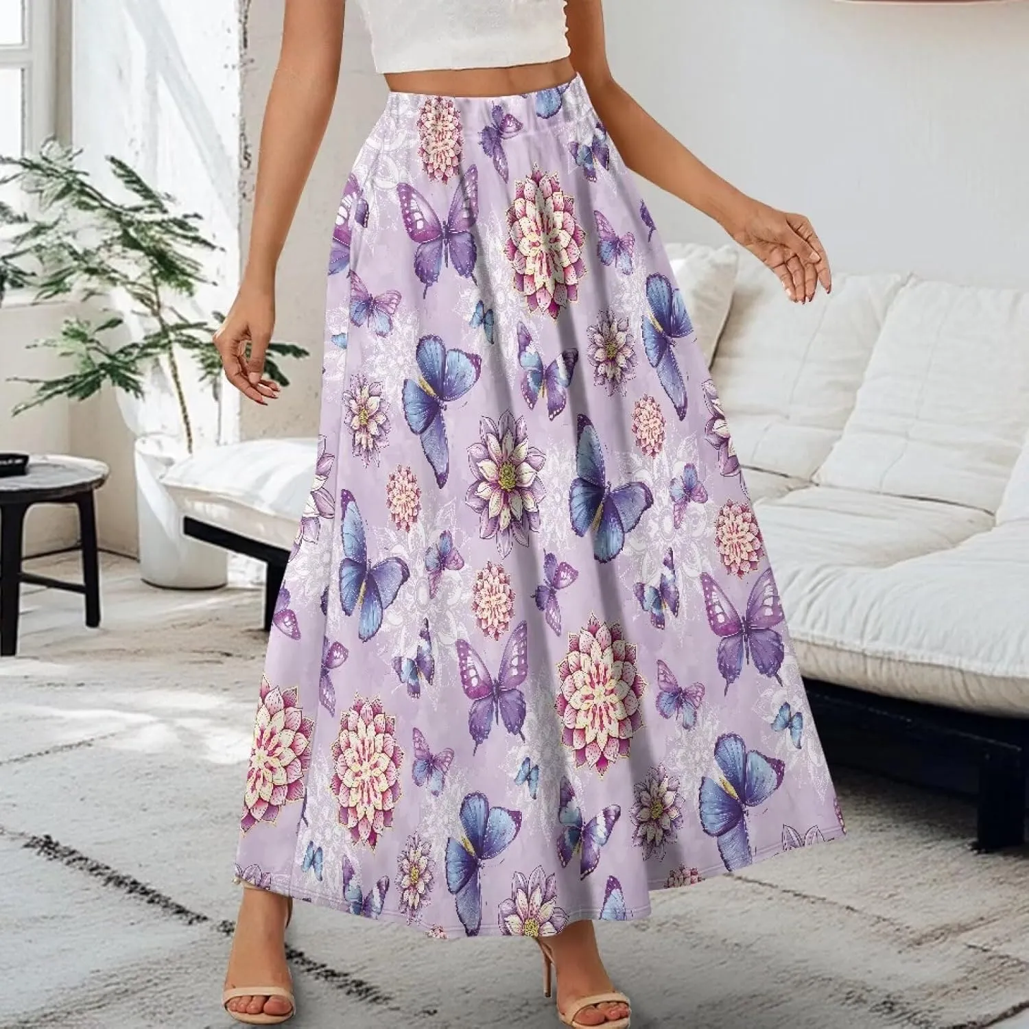 Long Maxi Skirt for Women Long Length High-Waist Midi Skirts with Pockets A-line Pleated Flare Skort Summer Clothes