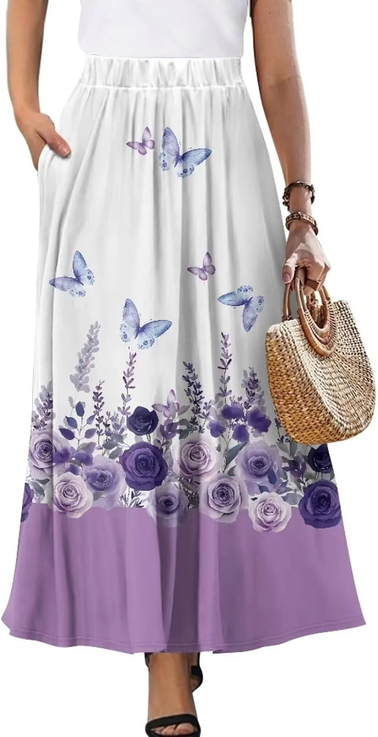 Long Maxi Skirt for Women Long Length High-Waist Midi Skirts with Pockets A-line Pleated Flare Skort Summer Clothes